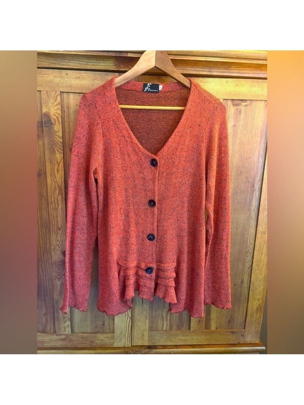 FENINI Designer Burnt Orange Textured Knit Cardigan • Artful Layering•Fits M–XL - Picture 3 of 17